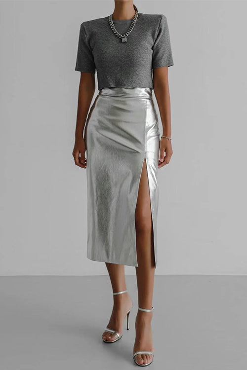High Waist Slit Front Faux Leather Midi Skirt