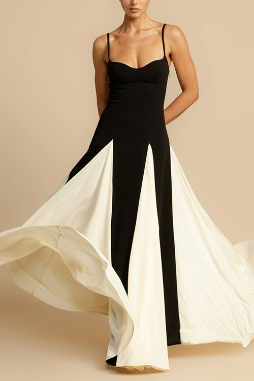 Spaghetti Strap Sweetheart Corset Bodice Pleated Godet Panel Maxi Dress