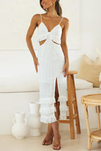 V Neck Cut Out Waist Slit Tassel Midi Cami Dress