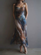 Printed Gradient Hip-hugging Mesh Camisoles Maxi Dresses