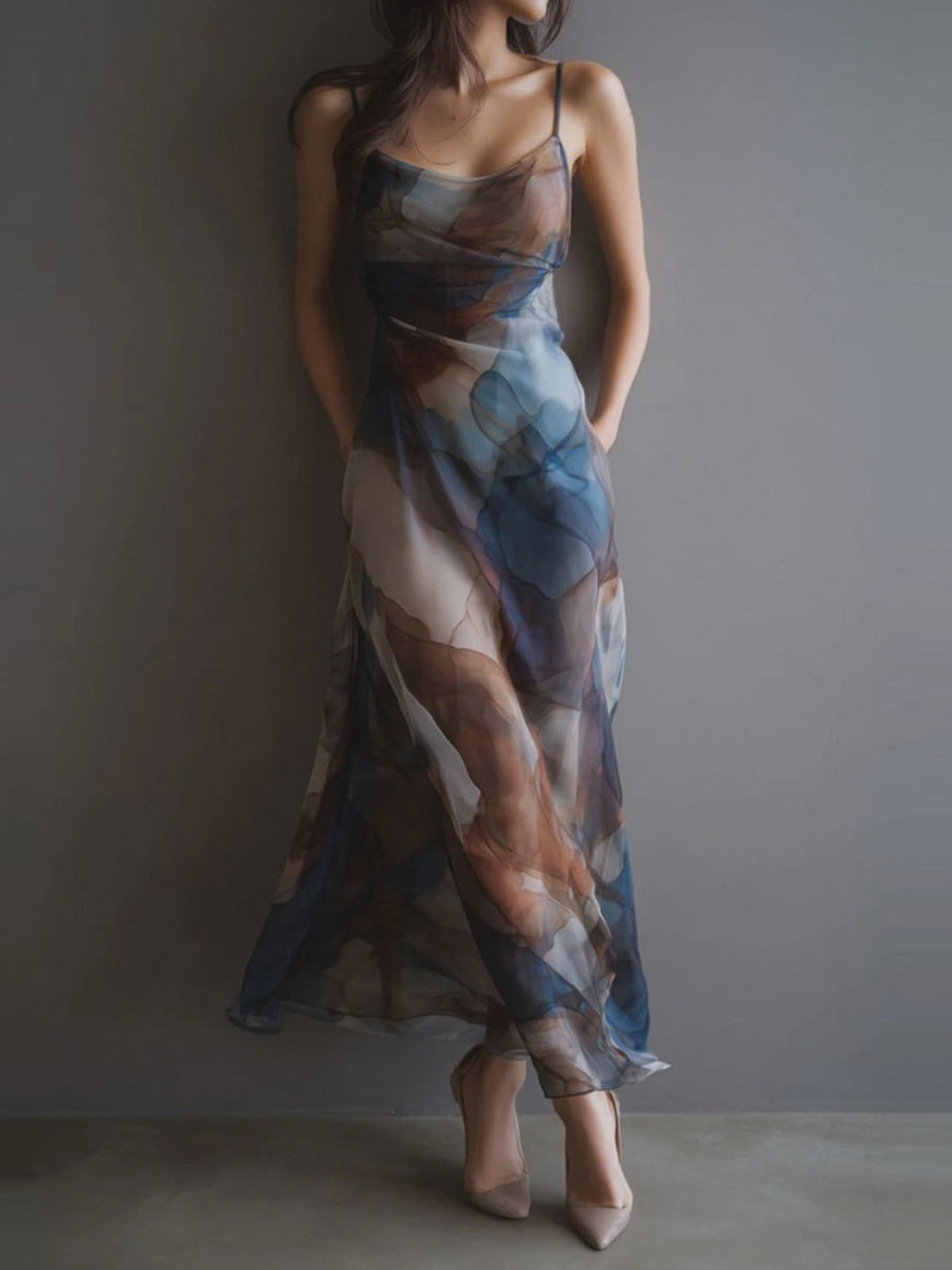 Printed Gradient Hip-hugging Mesh Camisoles Maxi Dresses