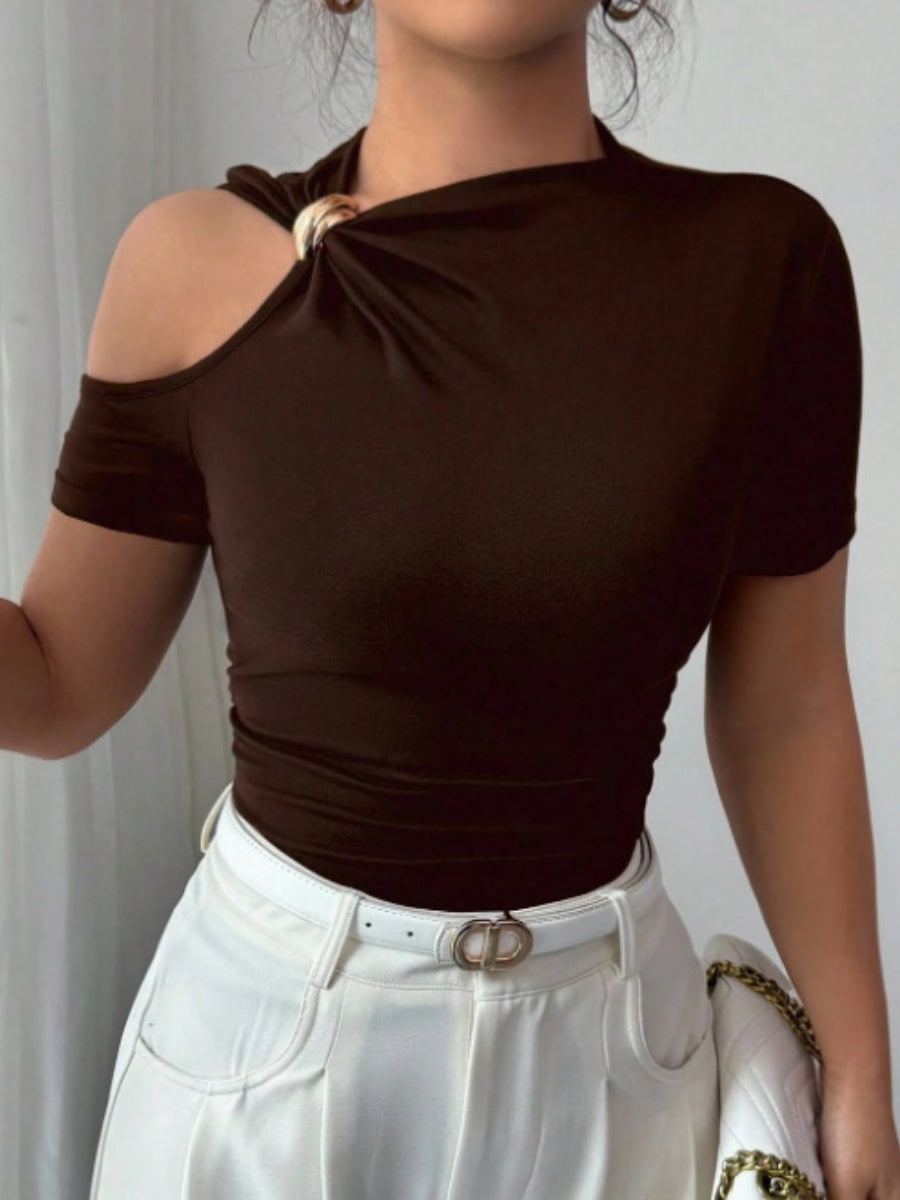Asymmetrical Neckline, One-shoulder, Metallic Embellishment, Slim-fitting T-shirt