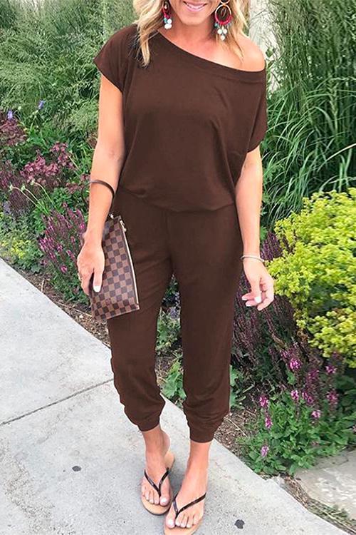 Solid Cold Shoulder Short Sleeves Elastic Waist Loungewear Jumpsuit