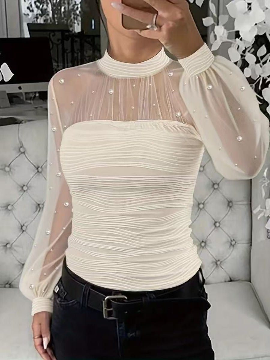 Beading Gathering Gauze T-shirt Sheer Tops