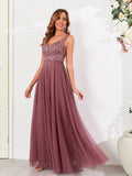 V-neck Embroidery Sequins Elegant Gauze Formal Dress Maxi Dresses