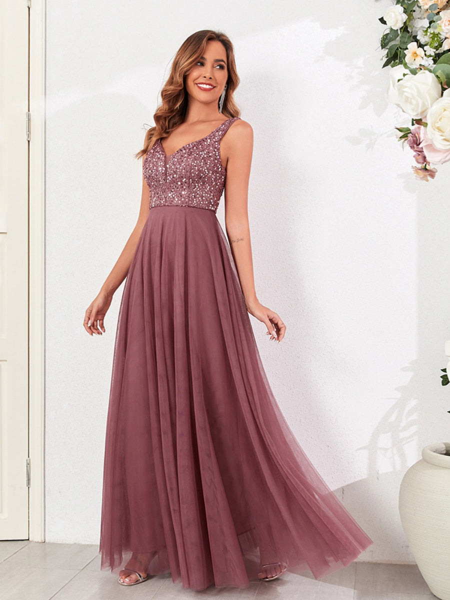 V-neck Embroidery Sequins Elegant Gauze Formal Dress Maxi Dresses