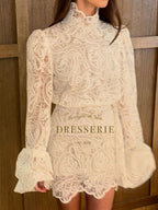 Lantern Sleeve High Neck Lace Two-piece Set