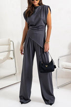 Ruched Asymmetrical Top and Wide Leg Pants Set