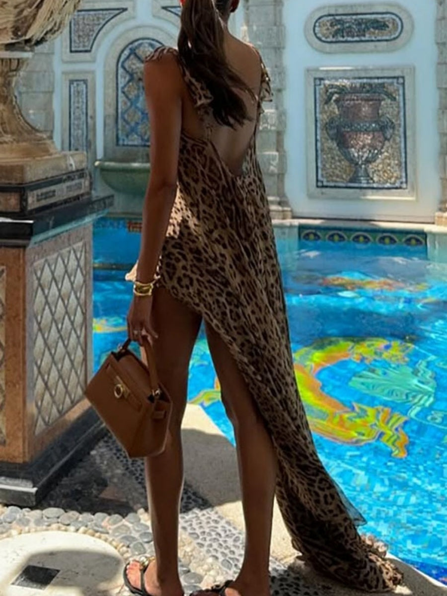 Lace Up Leopard Print Open Dress Shorts Set 2-piece Sets