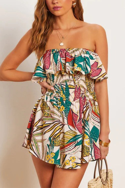 Ruffle Off Shoulder Smocked Waist Printed Mini Dress