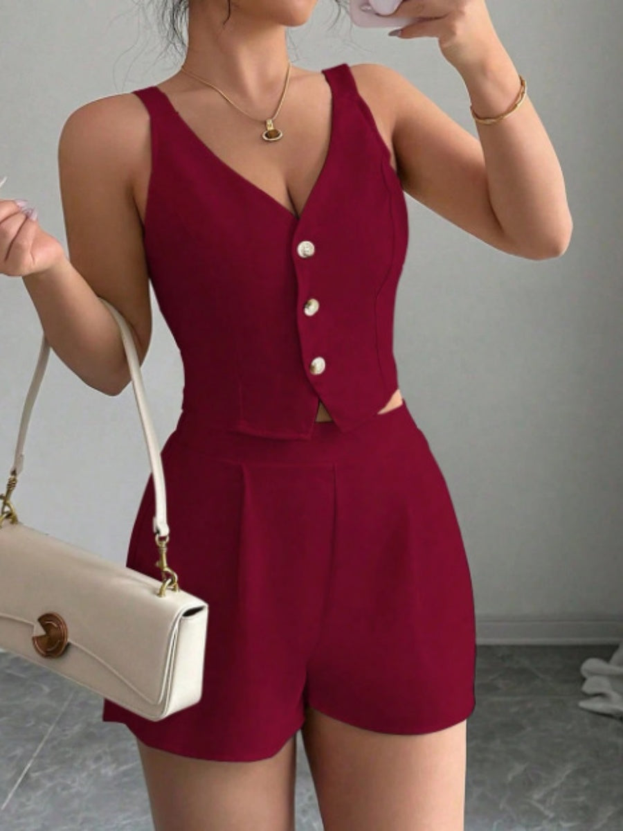 Stylish And Slimming Two-piece Set Of Button-down Vest And Shorts In Solid Color For Commuting.