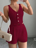 Stylish And Slimming Two-piece Set Of Button-down Vest And Shorts In Solid Color For Commuting.