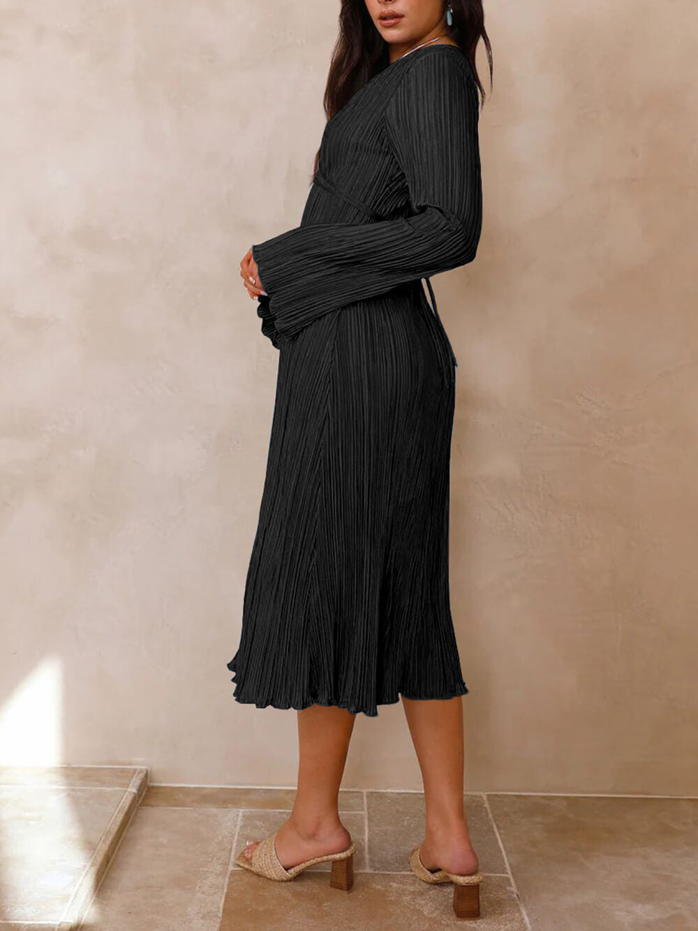 Lace-Up Plunging V-Neck Pleated Long Sleeve Empire Midi Dress
