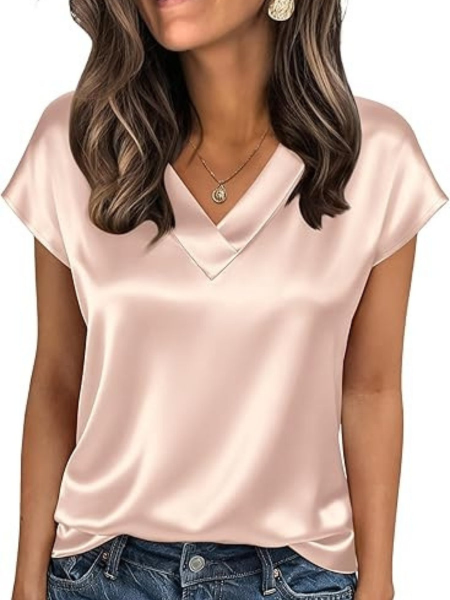 V-neck Satin Leisure Solid Color T-shirts