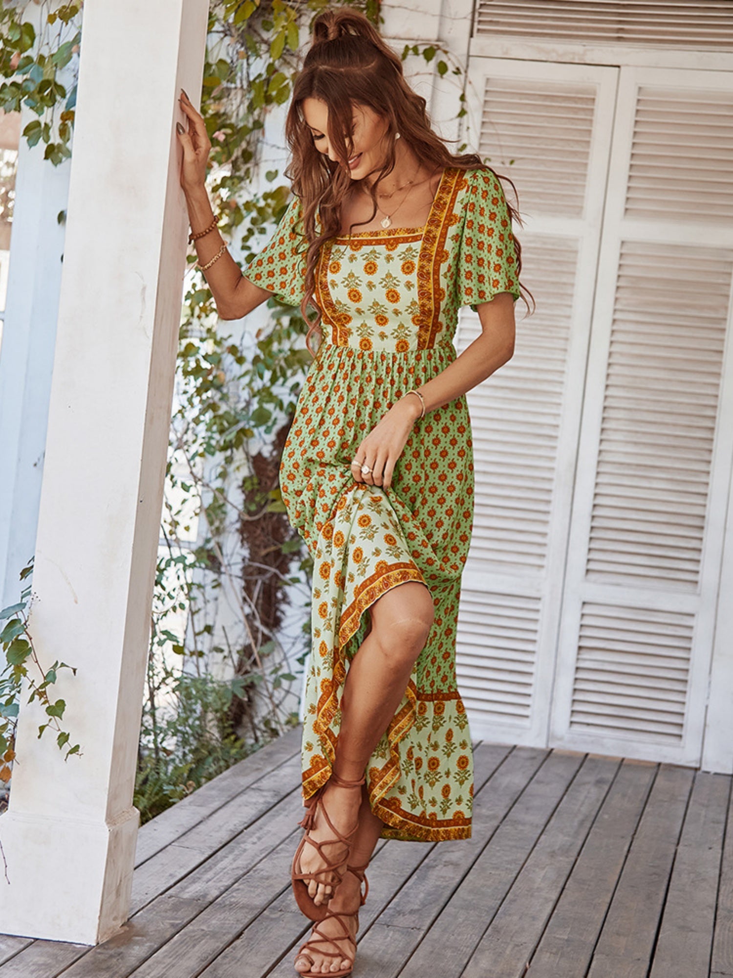 Printed Color-blocked Square Neck Short Sleeve Maxi Dresses