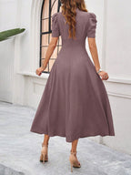 Pleated Waist Short Sleeve Maxi Dresses