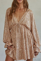 V Neck Balloon Sleeves Backless Drawstring Sequin Dress(in 4 Colors)