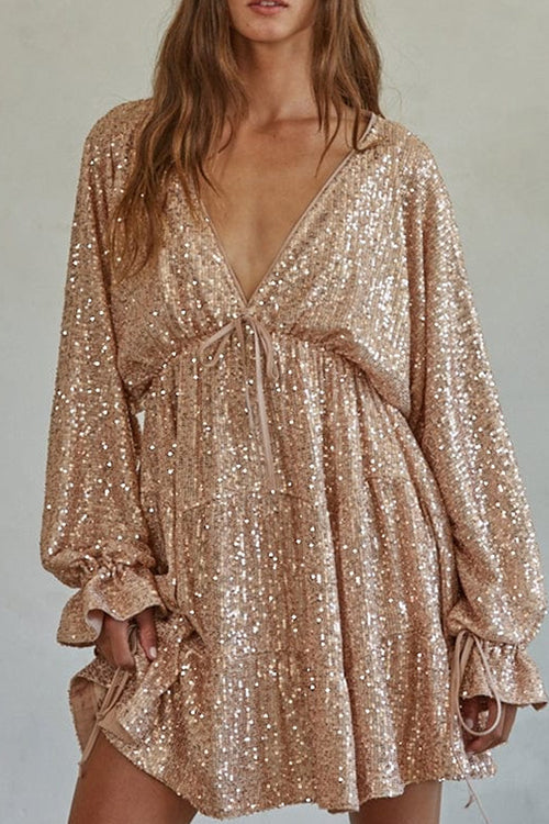 V Neck Balloon Sleeves Backless Drawstring Sequin Dress(in 4 Colors)