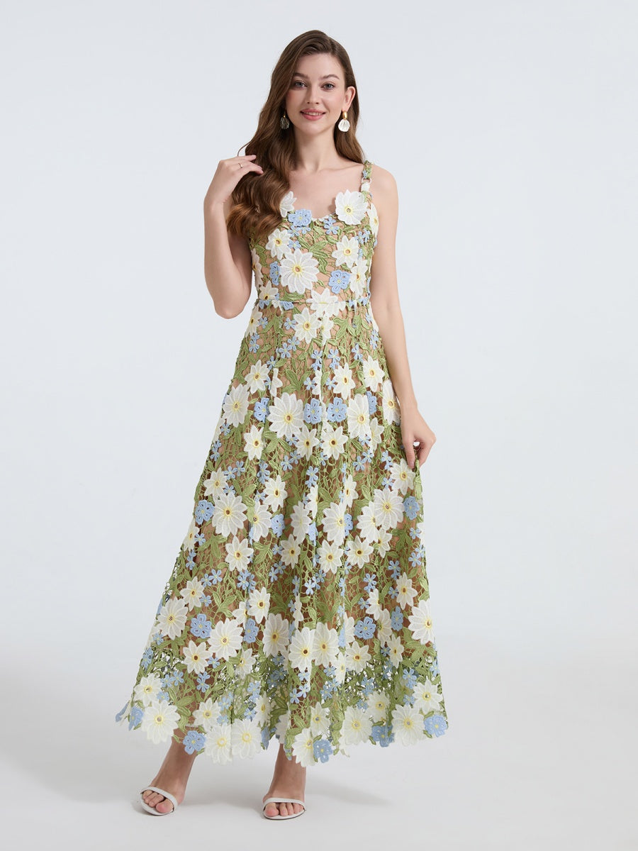 Lace Embroidery Spaghetti Strap Long Dress