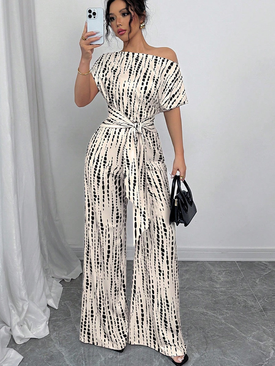 One-shoulder Tie-up Jumpsuit With Wide Legs