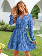 V-neck, Jacquard, Elastic Waist, Full Skirt, Long Sleeves, Ruffled Hem Short Dress