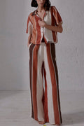 Striped Short Sleeves Button Down Shirt Wide Leg Pants Set