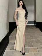 Fine Flash Off Shoulder Slit Wedding Bridesmaid Maxi Dresses