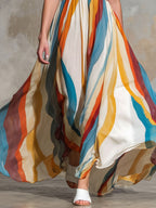 Stripes Wave Deep V Off-shoulder Vacation Maxi Dresses