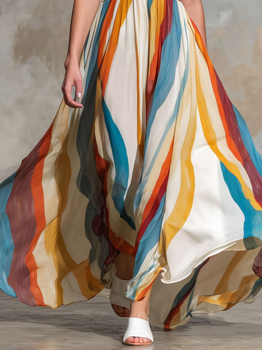 Stripes Wave Deep V Off-shoulder Vacation Maxi Dresses