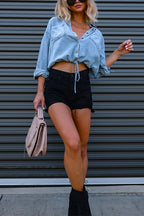 Long Sleeves Drawstring Hem Cropped Denim Shirt