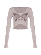 Butterfly Print Fungus Crop Long Sleeve Tee