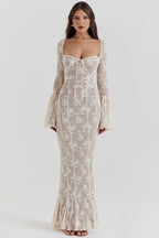 Lace Square Neck Milkmaid Tie Front Corset Seam Bell Sleeve Mermaid Maxi Dress