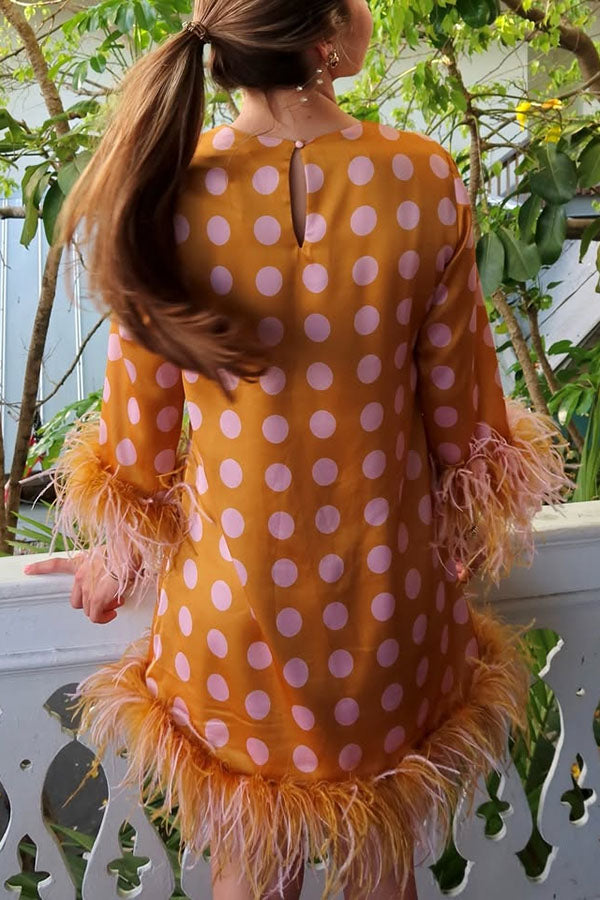 Playful and Cute Satin Polka Dot Print Half Sleeve Feather Trim H-line Mini Dress