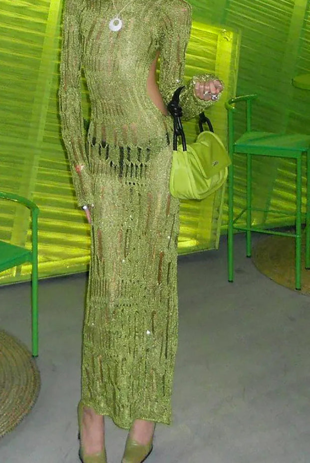 Knit Open Weave Mock Neck Long Sleeve Side Cut Out Bodycon Maxi Dress