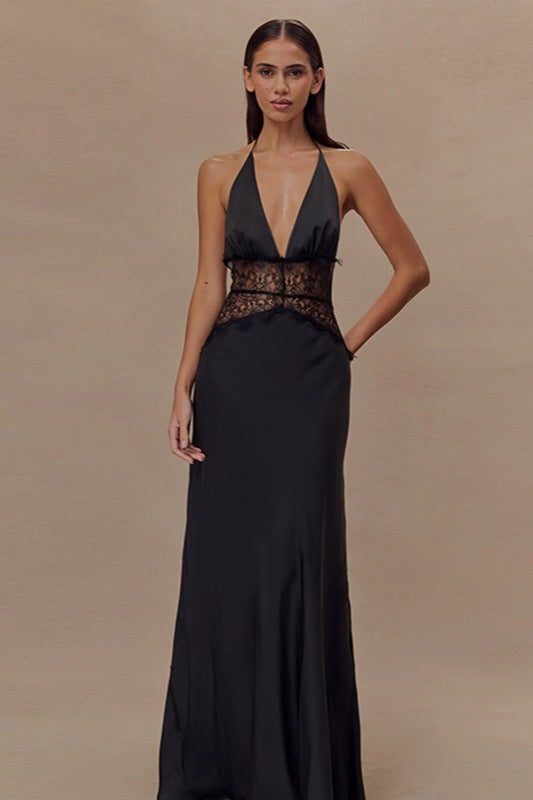Halter Deep V-Neck Lace Panel Satin Maxi Gown