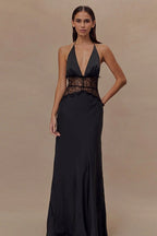 Halter Deep V-Neck Lace Panel Satin Maxi Gown
