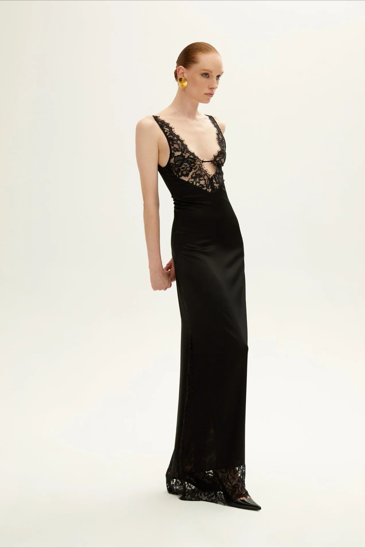 Satin Deep V-Neck Lace Panel Lace Trim Hem Maxi Slip Dress