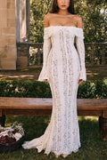 | Off Shoulder Floral Lace Flared Sleeve Fishtail Maxi Dress - White