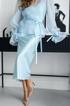 Graceful Party Tulle Knotted Long Sleeve Kimono Top and Satin Slip Midi Dress Set