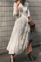 Floral Embroidered V-Neck Button Front Puff Sleeve Maxi Dress