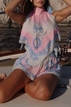 Amalfi Coast Satin Unique Print Scarf Top and Elastic Waist Pocket Loose Shorts Set
