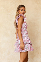 One Shoulder Ruffle Flounce Sleeve Sweetheart Knot Cutout Tiered Floral Mini Dress