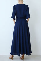 Modern and Elegant Satin Half Wide Sleeve Wrap Style Pocket Slit Loose Maxi Dress