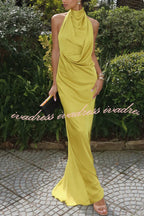 Elegant and Refined Satin Halter Draped Neck Backless Maxi Dress