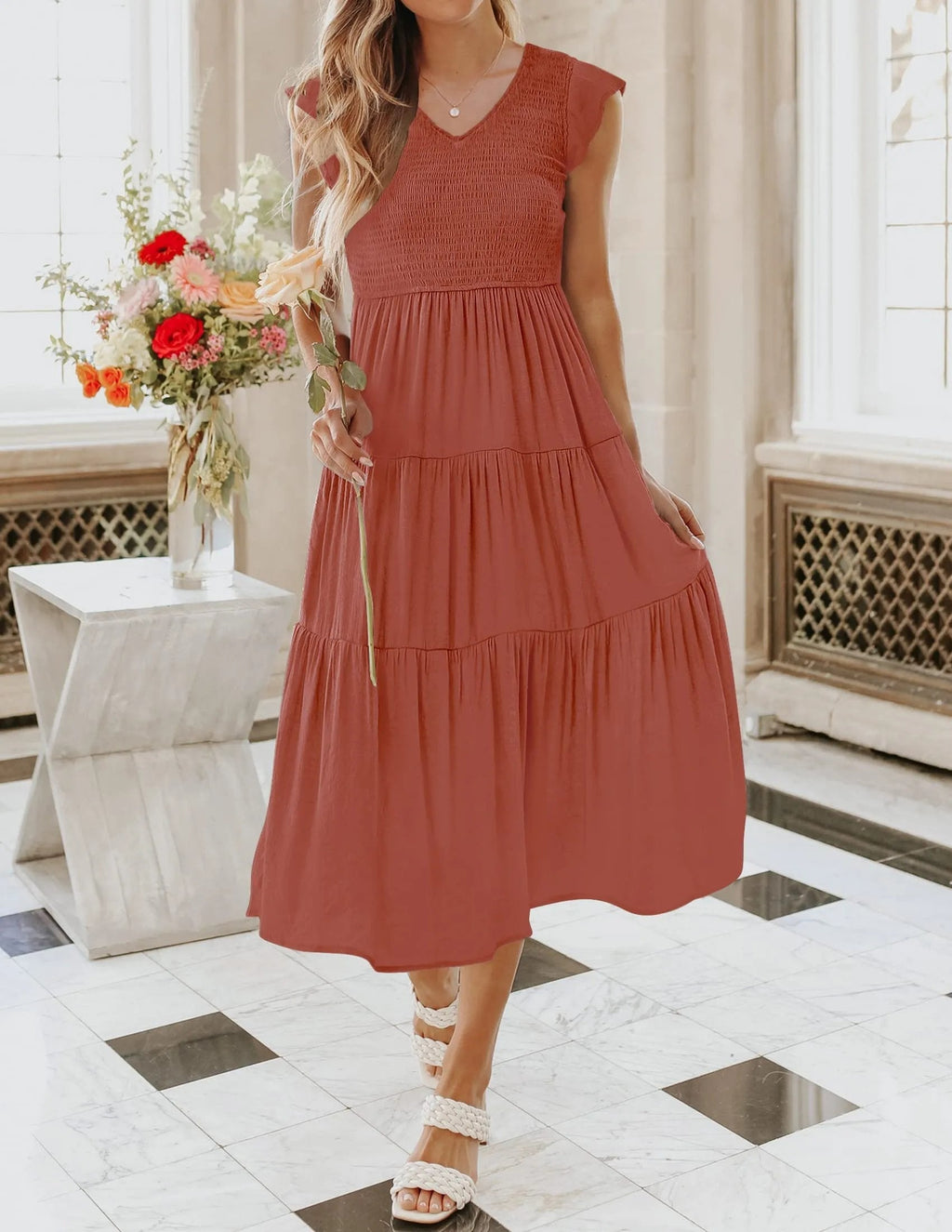 Smocked Bodice Flutter Sleeve Tiered A-Line Midi Dress