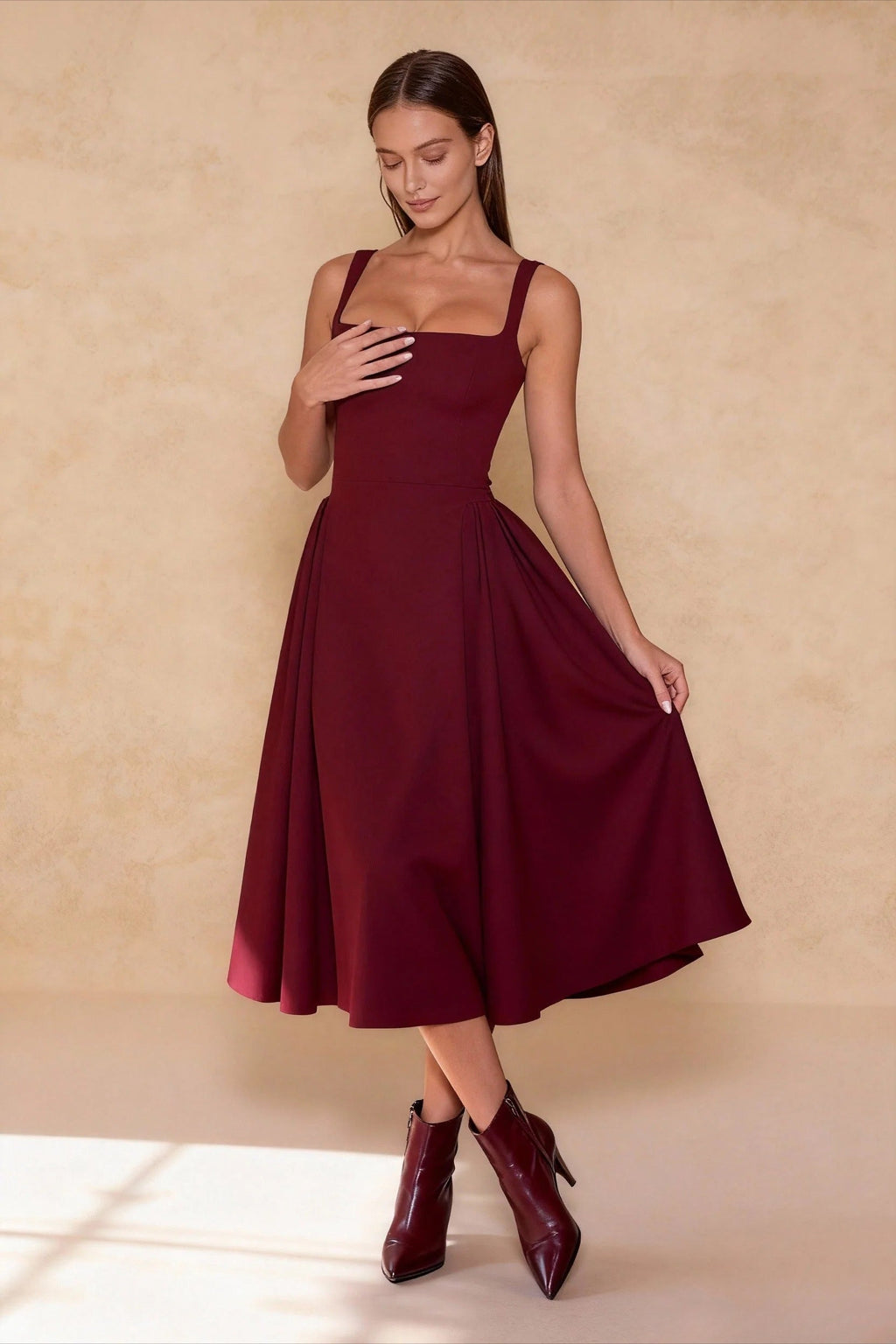 Square Neck Sleeveless Fit and Flare Midi Dress