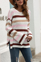 Fashion Casual Adult Striped Patchwork Patchwork Pullovers O Neck Tops