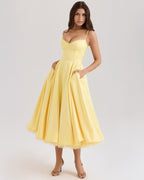 Lace Trim Corset Bustier Spaghetti Strap Pleated Pocket Tea Length Dress