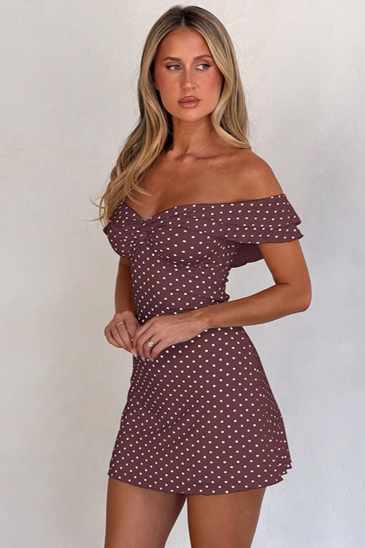 Off Shoulder Polka Dot Twist Front Ruffle Sleeve Bodycon Mini Dress