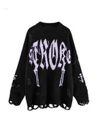 Letter Jacquard Ripped Holes Pullover Sweater